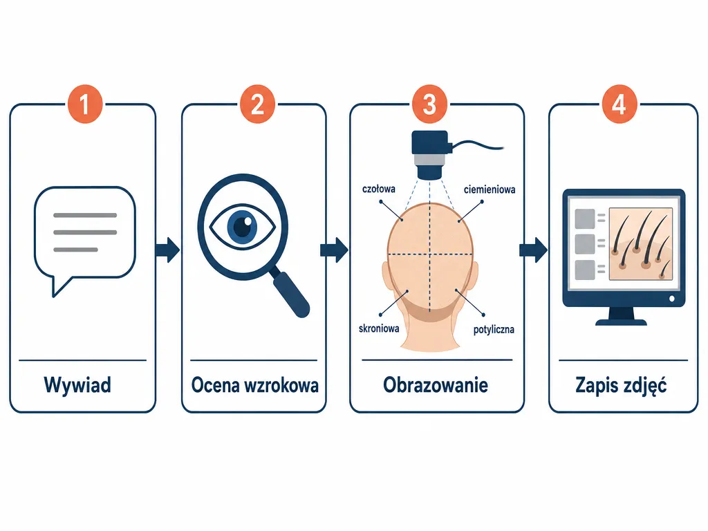 Diagram przedstawiający cztery etapy przebiegu wizyty trichoskopowej: wywiad, ocena wzrokowa, obrazowanie i zapis zdjęć