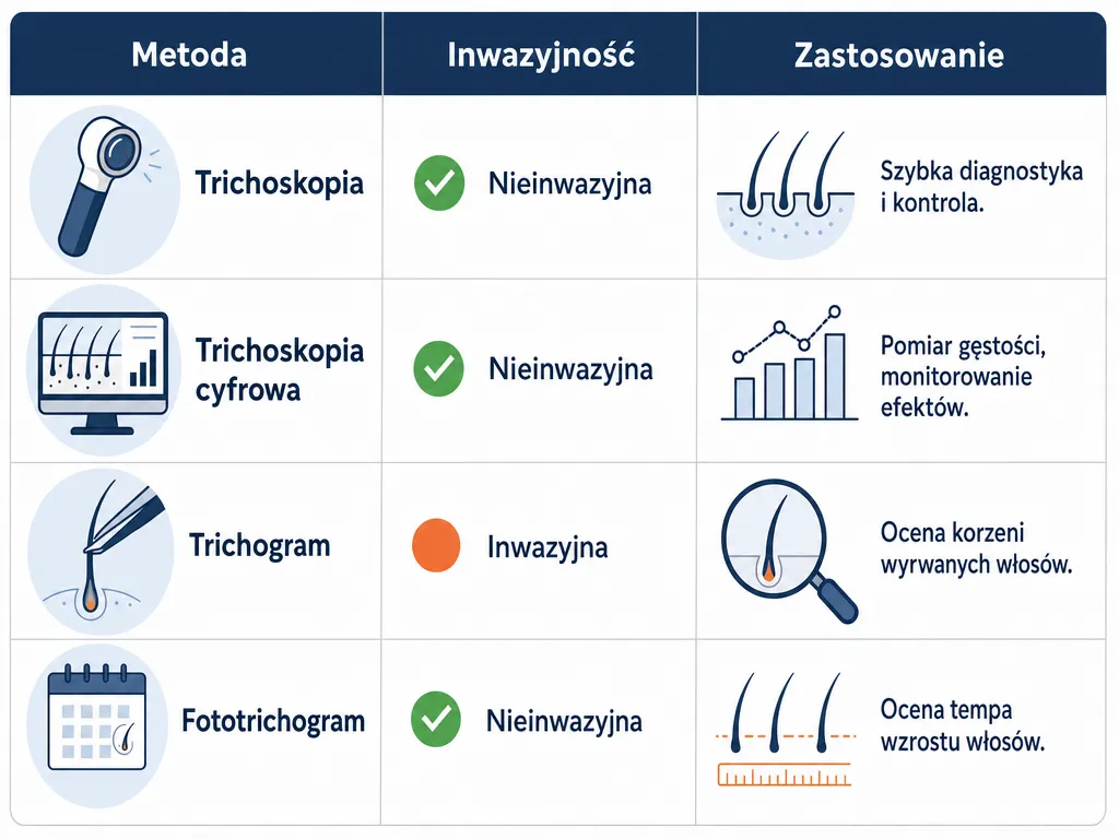 Infografika porównująca cztery metody badania włosów: trichoskopię, trichoskopię cyfrową, trichogram i fototrichogram pod względem inwazyjności i zastosowania